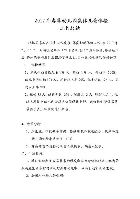 春季幼儿园集体儿童体检工作小结Word文档模板-办公资源网
