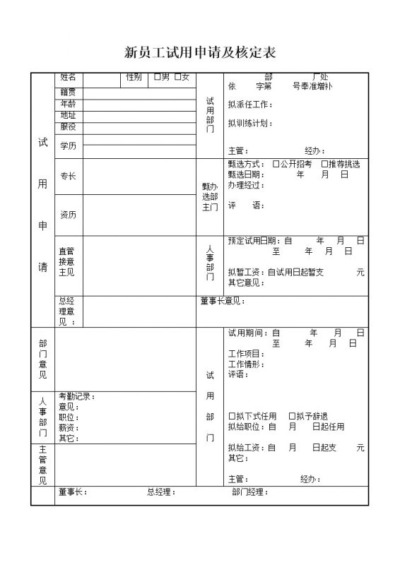 公司新员工试用申请及核定表word模板-办公资源网