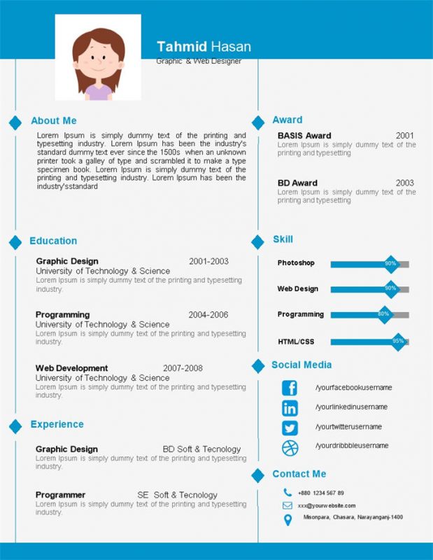 浅蓝色英文个人简介求职简历Word模板-办公资源网