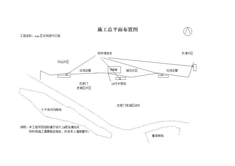 xxx区北线排污工程施工总平面布置图word模板-办公资源网