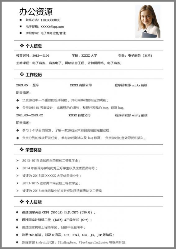 白色简约电子商务运营管理相关工作个人求职简历Word模板-办公资源网