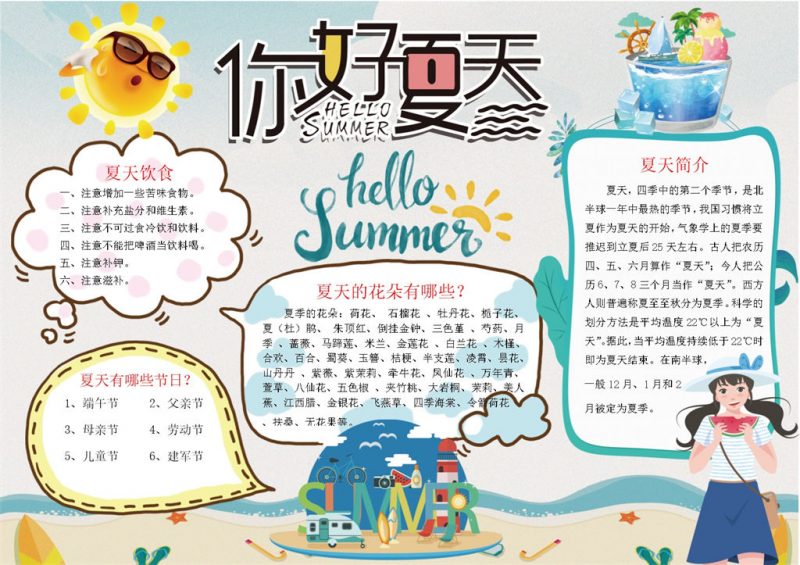 你好夏天主题夏季节气普及手抄报Word模板-办公资源网