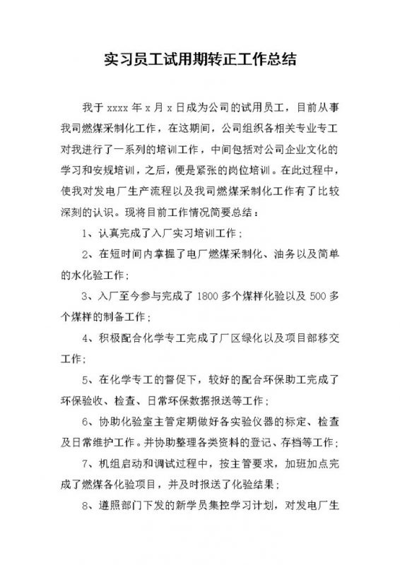 实习员工试用期转正工作总结年终总结Word模板-办公资源网