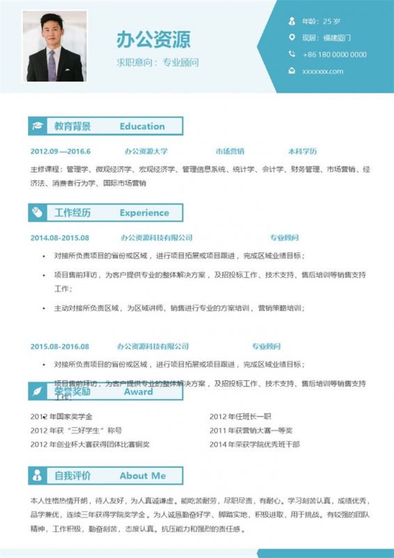 流行创意专业顾问个人求职应聘简历Word模板-办公资源网