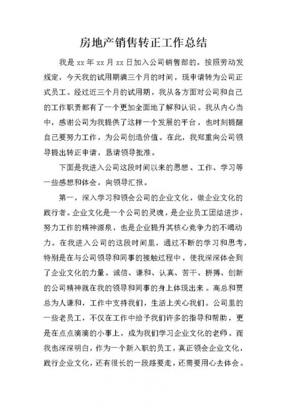房地产销售试用期转正年终工作总结Word模板-办公资源网