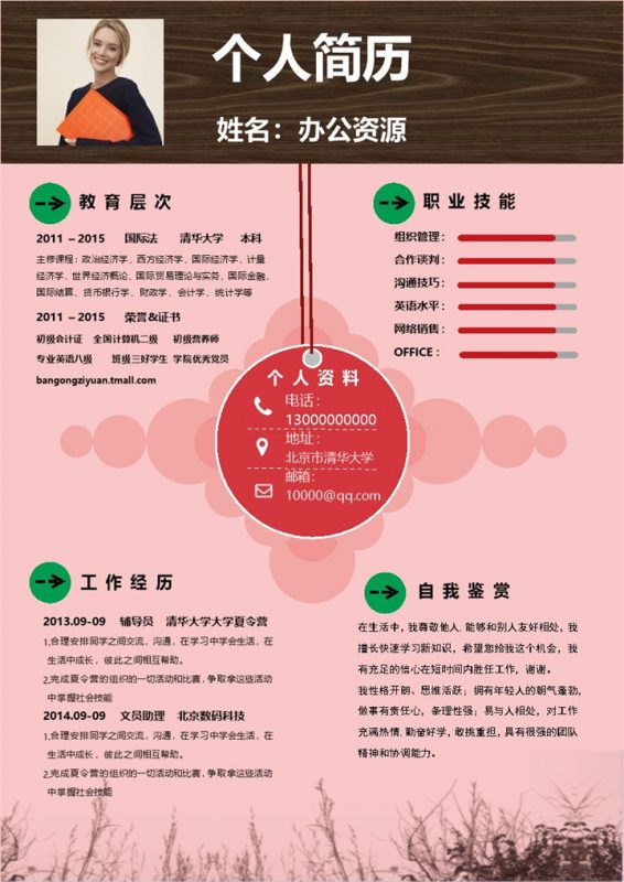 粉色淡雅清新风个人应聘求职简历Word模板 (2)-办公资源网