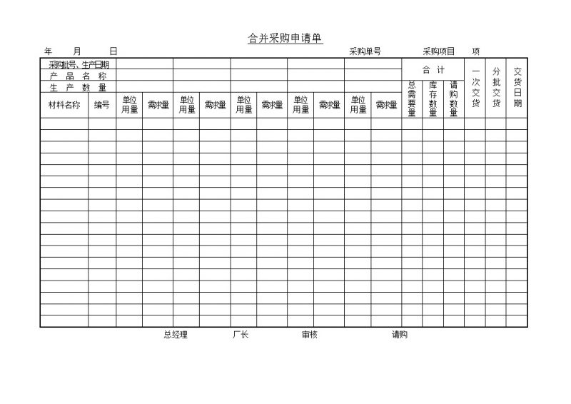 单位物料数量需求合并采购申请单word模板-办公资源网