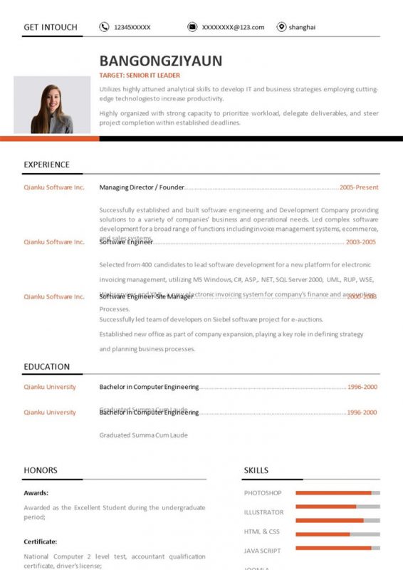 白色商务风格高级IT主管个人求职英文简历Word模板-办公资源网