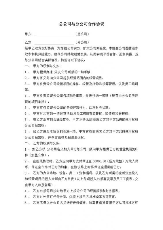 总公司与分公司权力与义务责任分配合作协议word模板-办公资源网