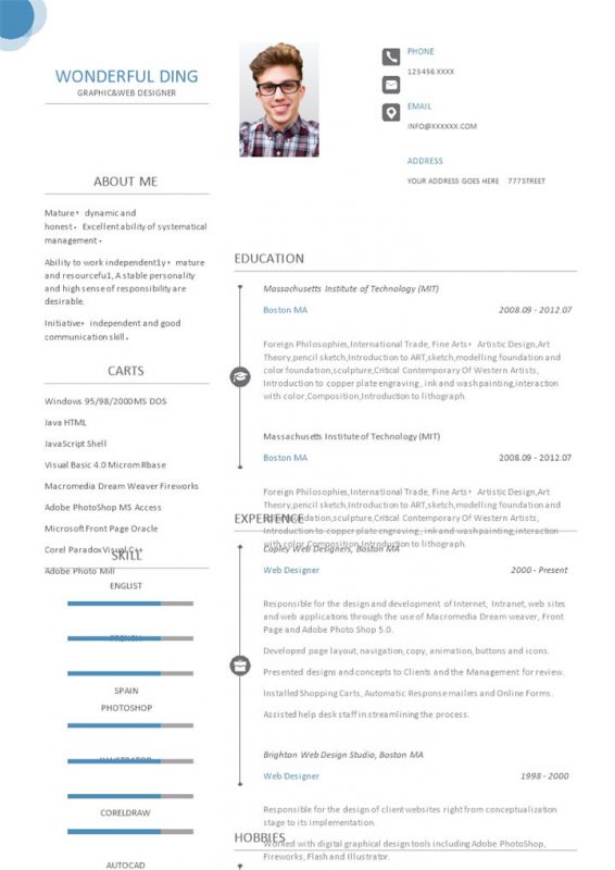 白色简约风格设计人员个人求职英文简历Word模板-办公资源网