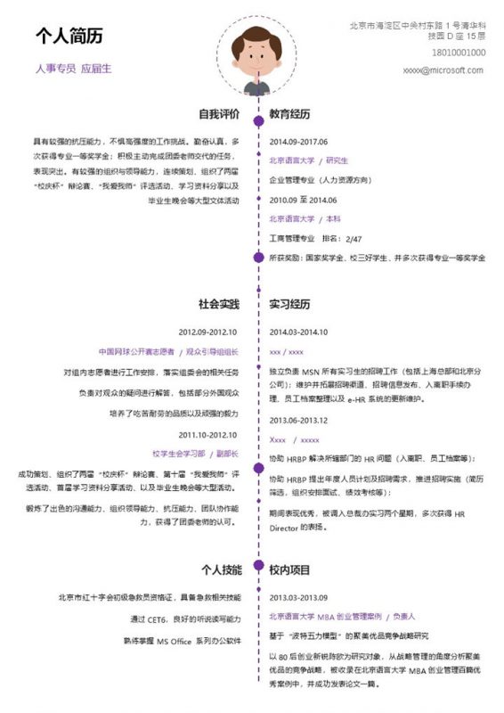 对称分布人事专员求职简历Word模板-办公资源网