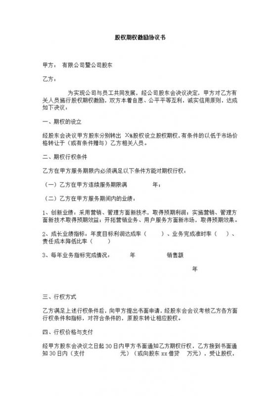 简洁风公司企业股权期权激励协议书Word模板-办公资源网