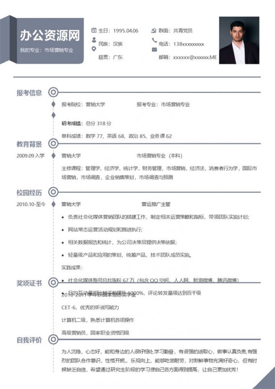 灰色商务风格运营推广主管个人求职简历Word模板-办公资源网